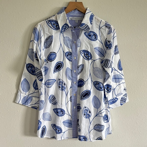 Gretchen Scott Button Up 3/4 Sleeve Paisley Cotton Lightweight Tunic Top Size S - Picture 1 of 7